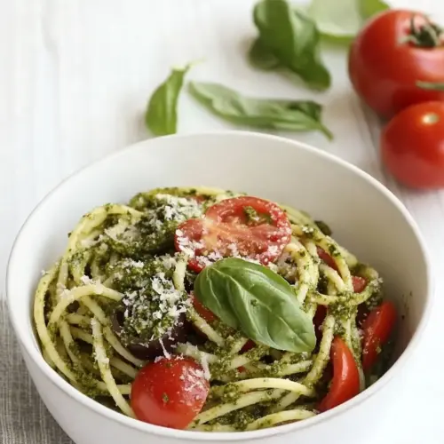 Pesto Spaghetti with Heirloom Tomatoes