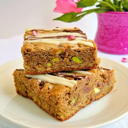 Pistachio Rose Blondies with White Chocolate