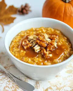 Pumpkin Pie Oatmeal with Caramel Sauce