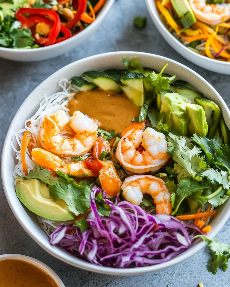 Rainbow Spring Roll Bowls with Shrimp or Chicken and Peanut Sauce
