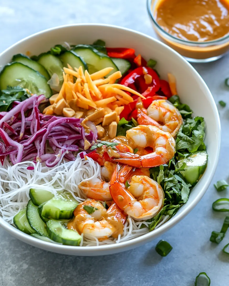 Rainbow Spring Roll Bowls with Shrimp or Chicken and Peanut Sauce