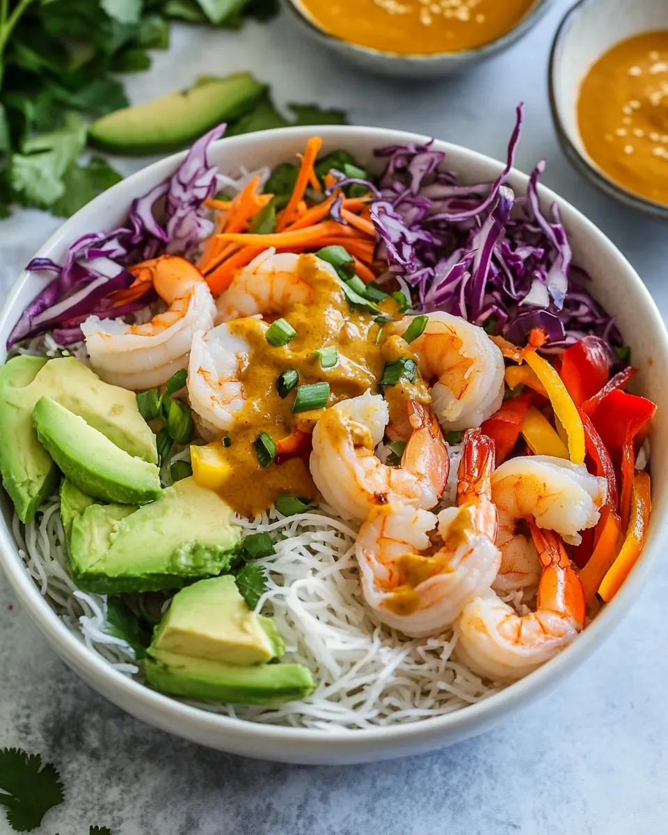 Rainbow Spring Roll Bowls with Shrimp or Chicken and Peanut Sauce