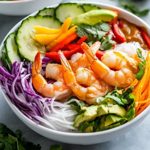 Rainbow Spring Roll Bowls with Shrimp or Chicken and Peanut Sauce