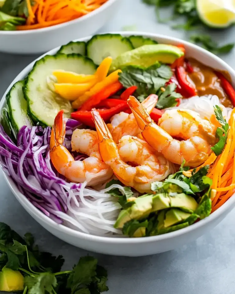 Rainbow Spring Roll Bowls with Shrimp or Chicken and Peanut Sauce
