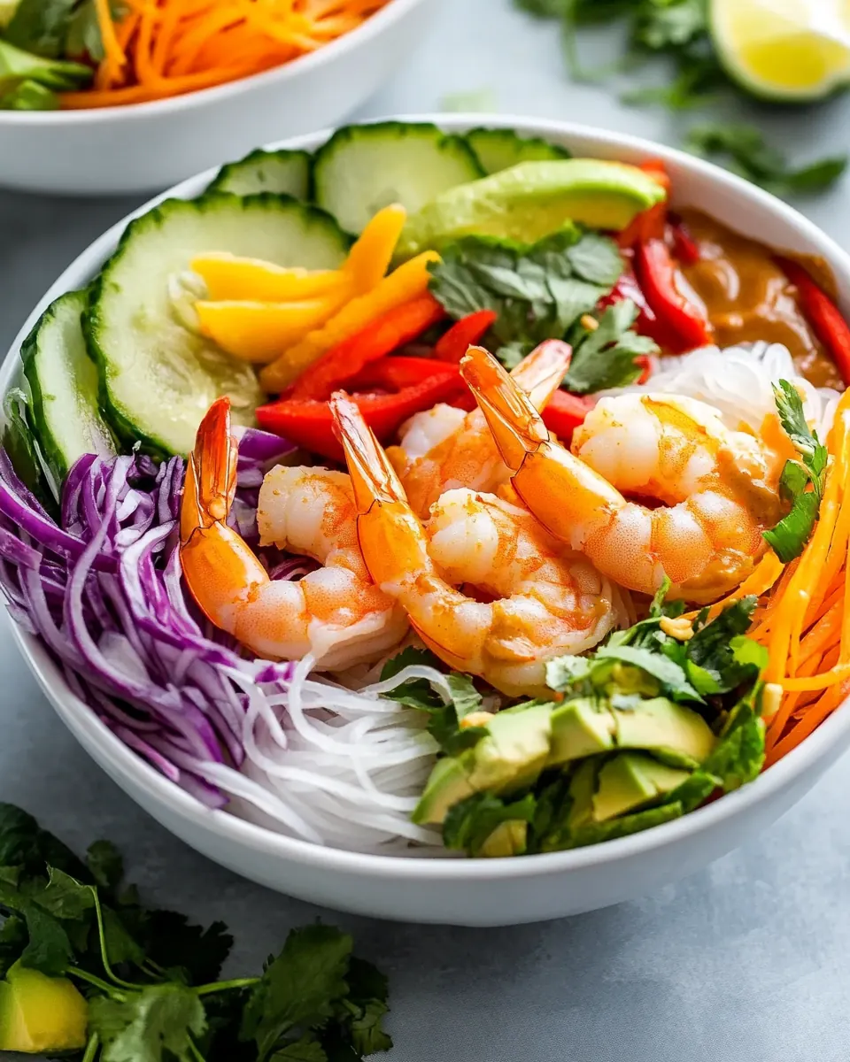 Rainbow Spring Roll Bowls with Shrimp or Chicken and Peanut Sauce