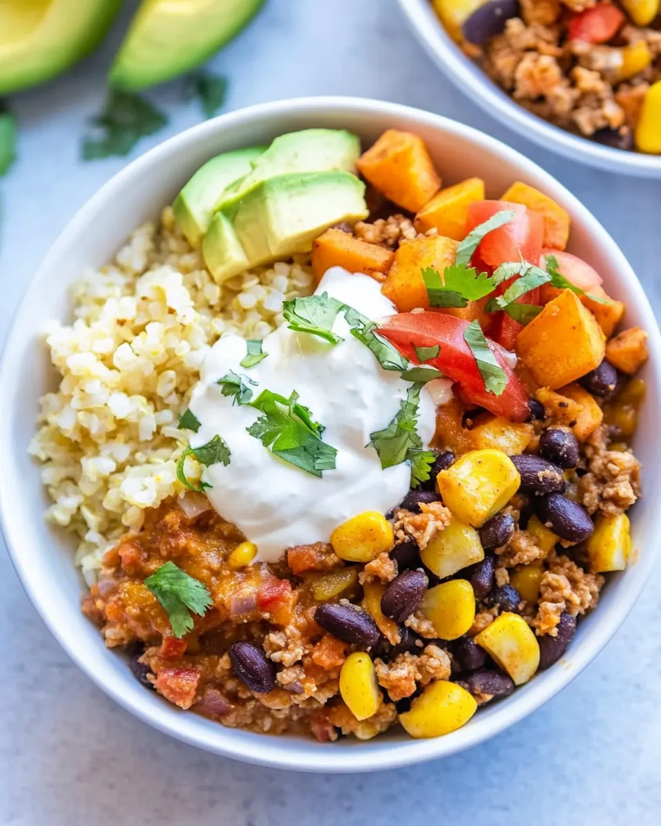 Riced Cauliflower and Sweet Potato Beef Burrito Bowls