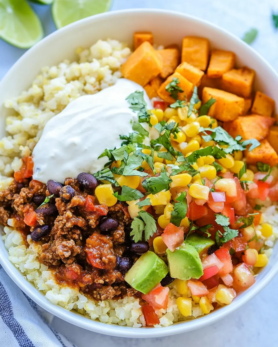 Riced Cauliflower and Sweet Potato Beef Burrito Bowls