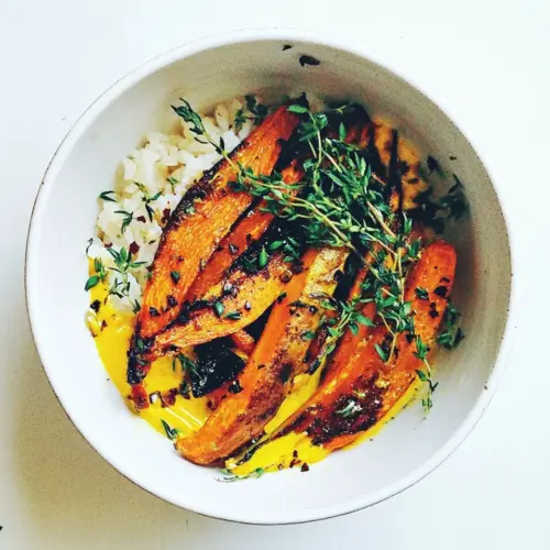 Roasted Carrots Rice with Zingy Turmeric Broth