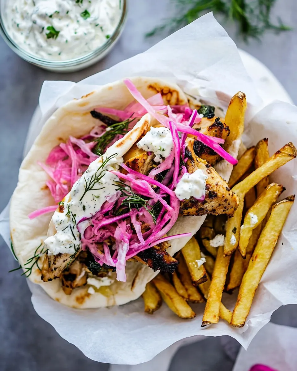 Roasted Chicken Gyros with Tzatziki and Feta Fries