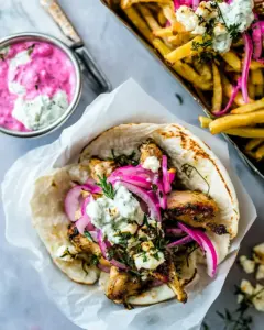 Roasted Chicken Gyros with Tzatziki and Feta Fries