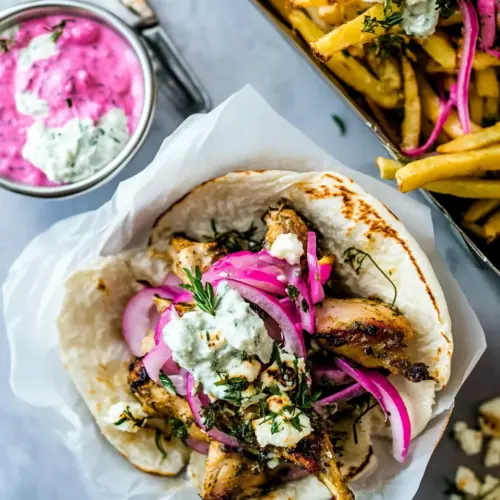 Roasted Chicken Gyros with Tzatziki and Feta Fries