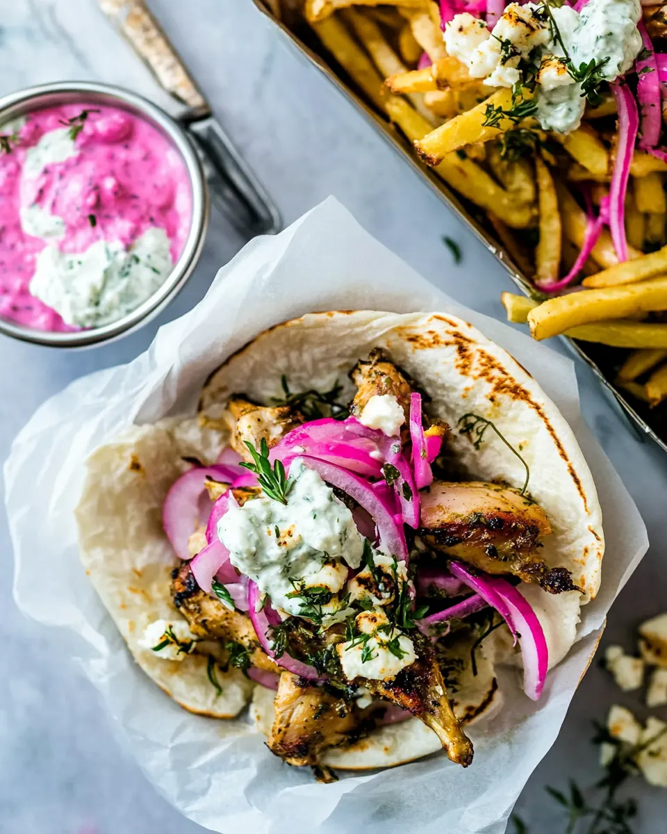 Roasted Chicken Gyros with Tzatziki and Feta Fries