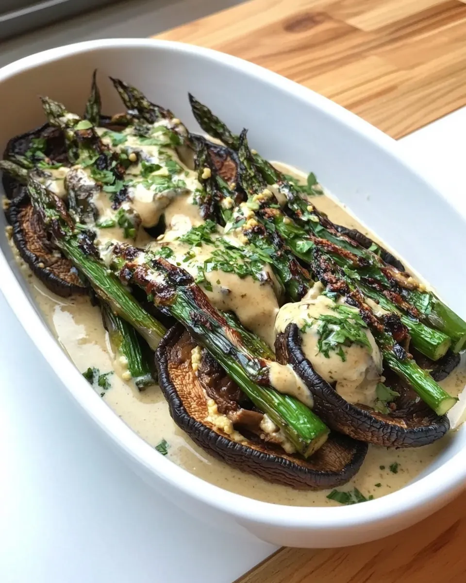 Roasted Portobellos Asparagus with Goat Cheese Sauce