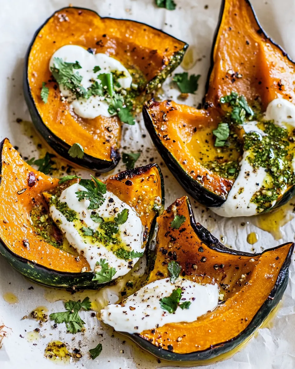 Roasted pumpkin with chilli yoghurt and coriander sauce