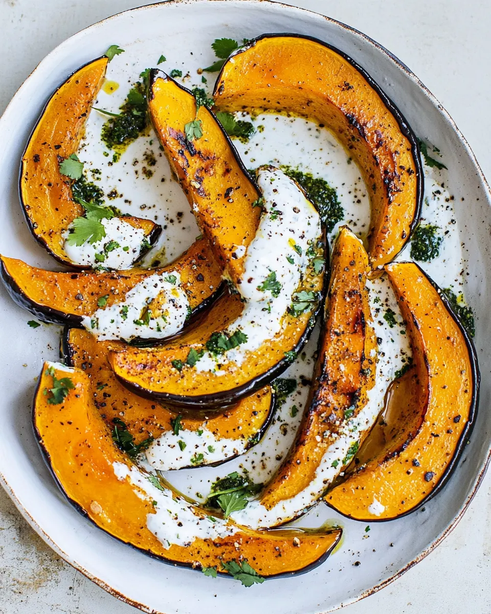 Roasted pumpkin with chilli yoghurt and coriander sauce