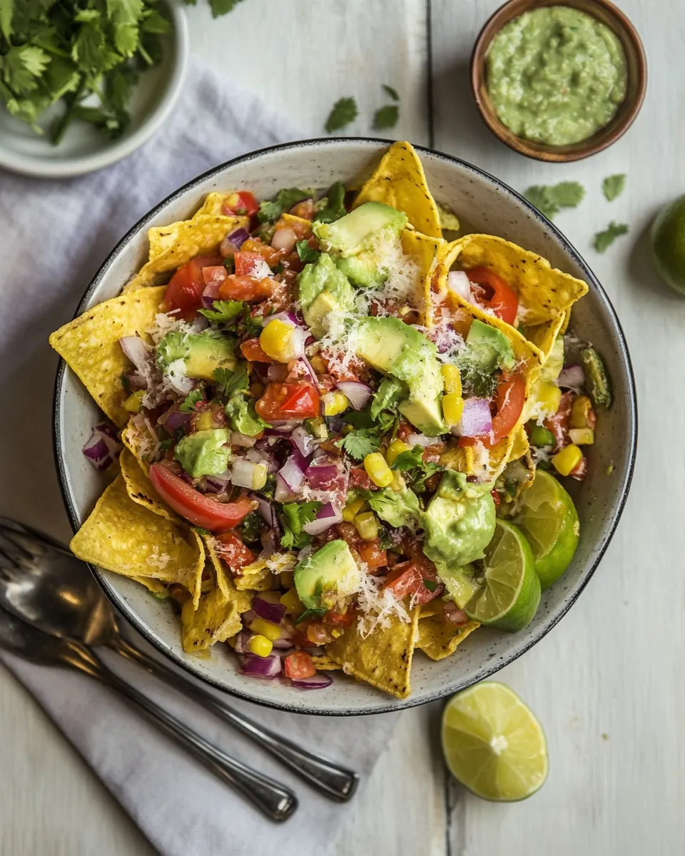 Salad nachos with home preserved zesty salsa