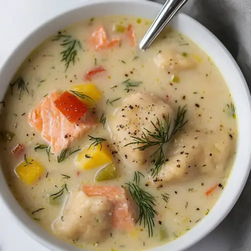 Salmon Chowder with Dill Dumplings
