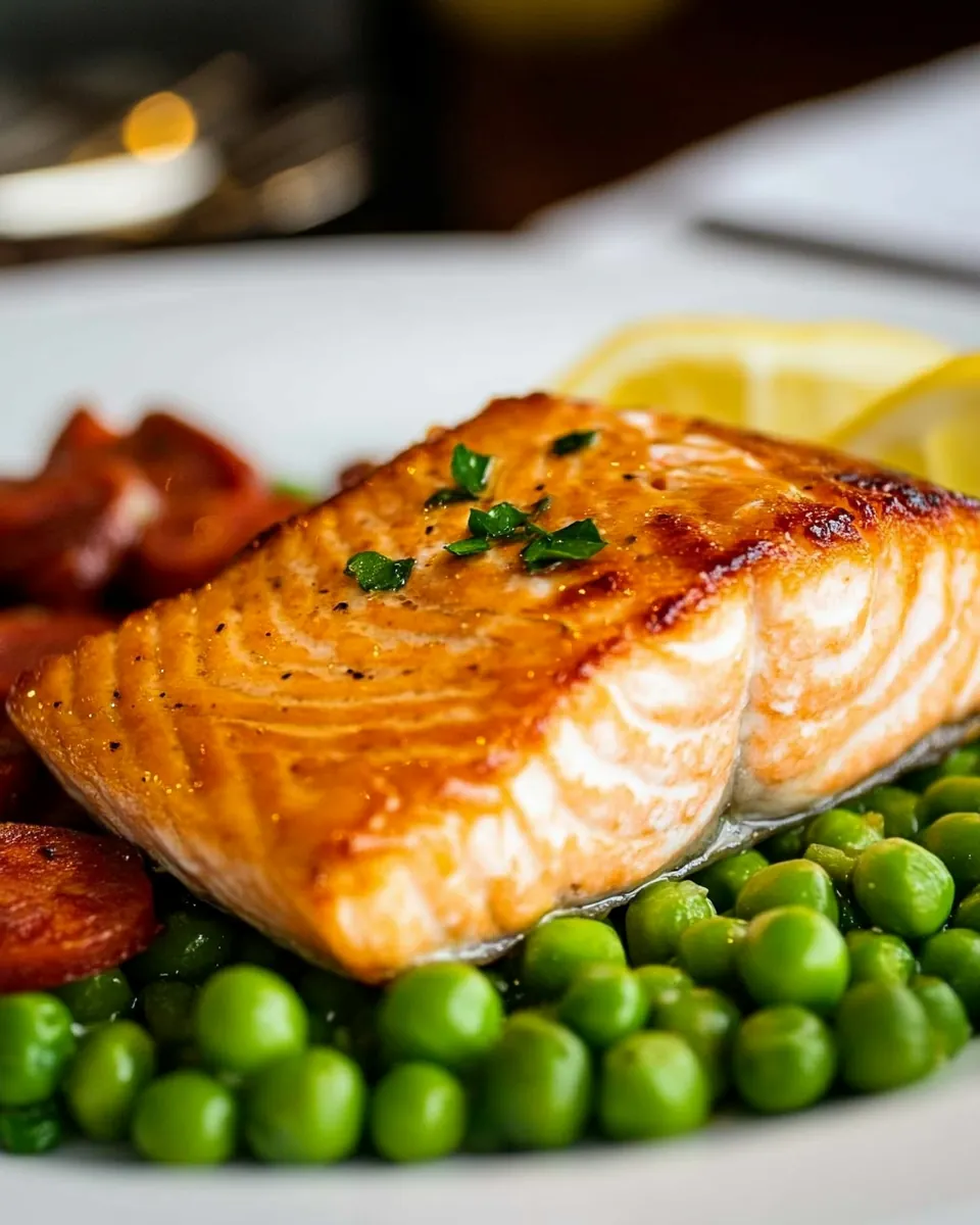 Seared Salmon with Peas and Chorizo