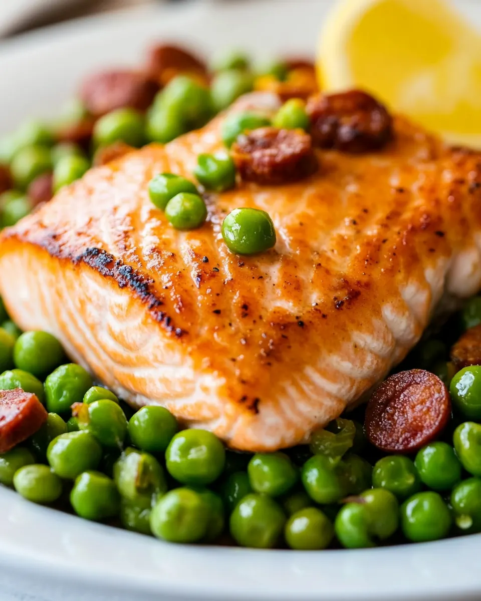 Seared Salmon with Peas and Chorizo