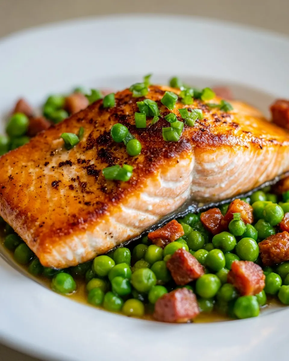 Seared Salmon with Peas and Chorizo