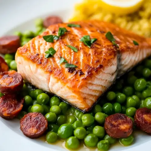 Seared Salmon with Peas and Chorizo