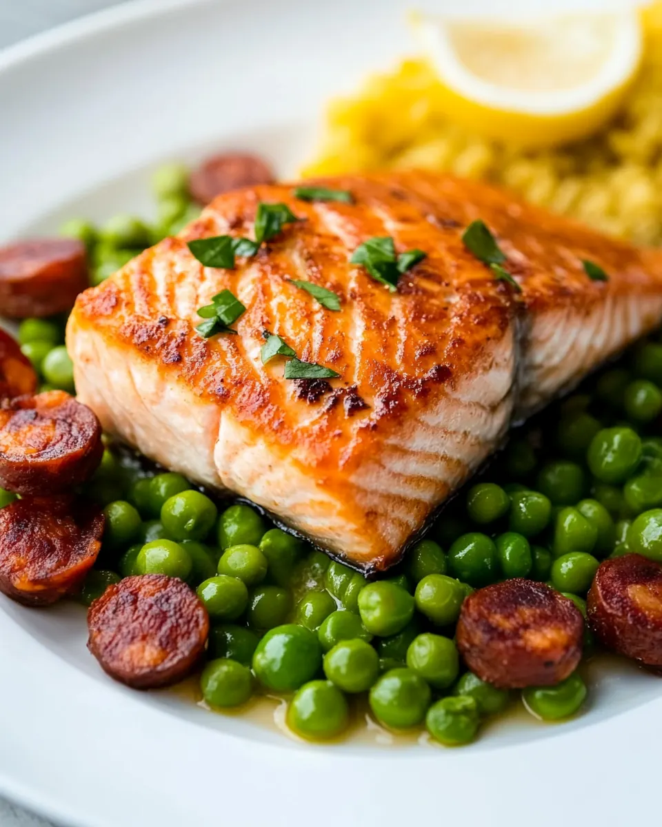 Seared Salmon with Peas and Chorizo