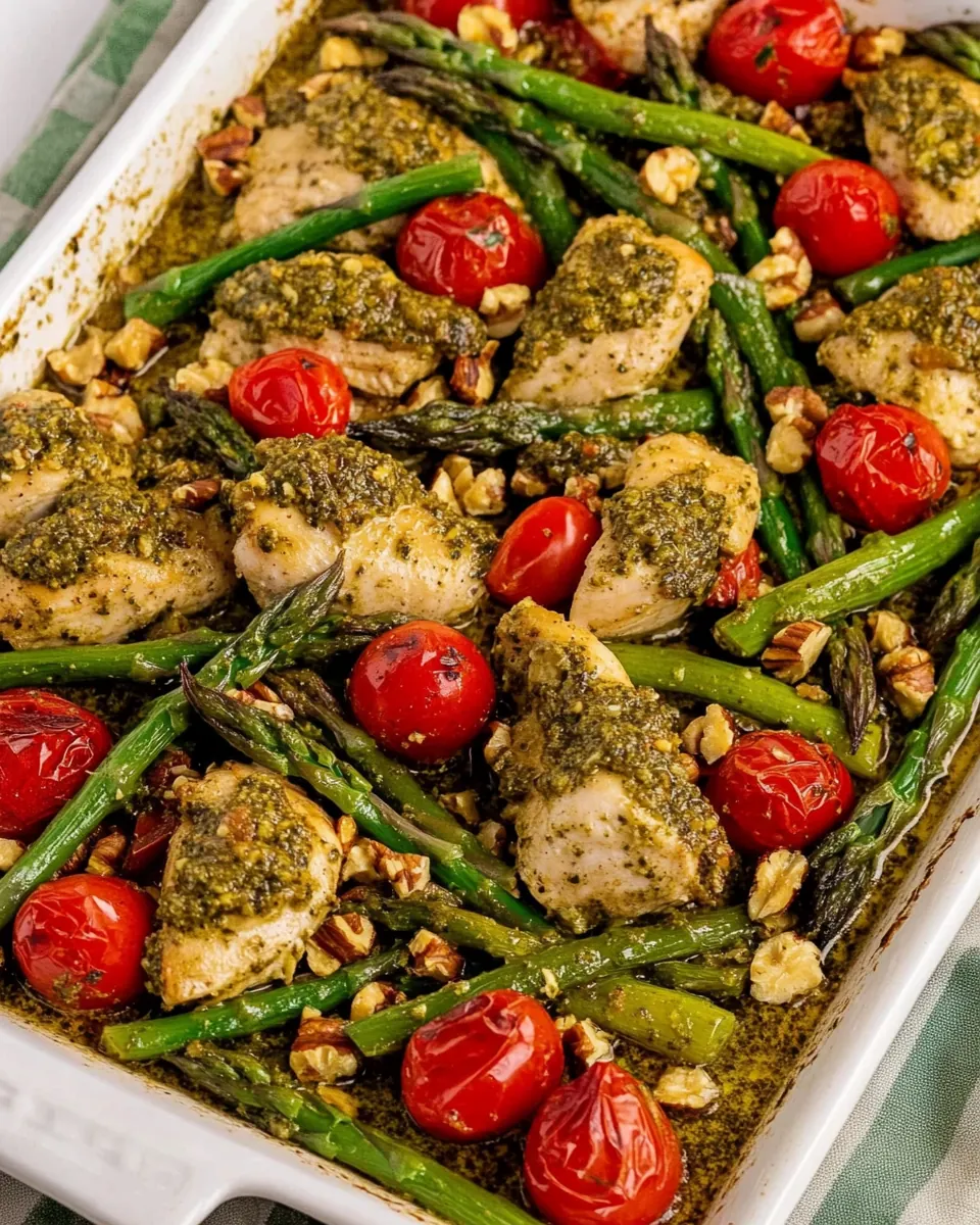 Sheet Pan Pesto Chicken with Asparagus Tomatoes and Walnuts