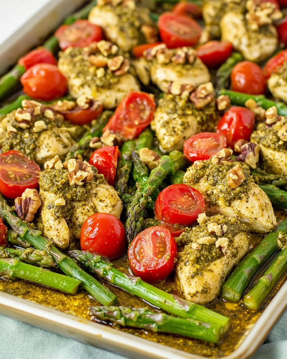Sheet Pan Pesto Chicken with Asparagus Tomatoes and Walnuts