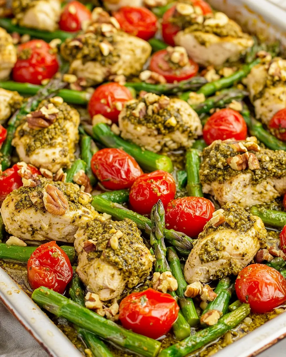 Sheet Pan Pesto Chicken with Asparagus Tomatoes and Walnuts