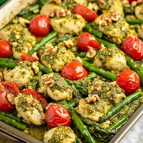 Sheet Pan Pesto Chicken with Asparagus Tomatoes and Walnuts
