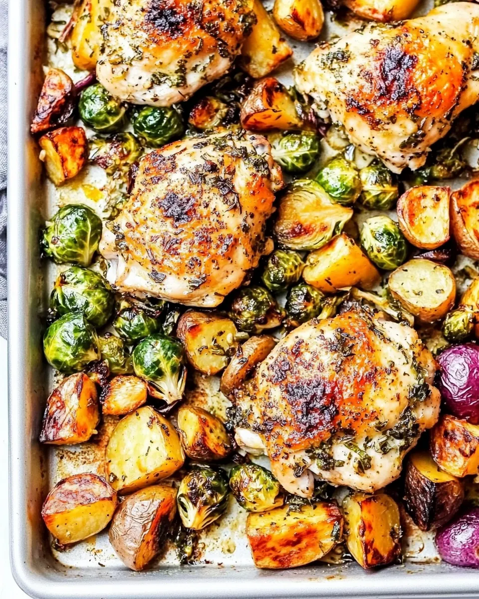 Sheet Pan Roasted Garlic Butter Herb Chicken with Potatoes and Brussels Sprouts