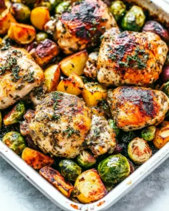 Sheet Pan Roasted Garlic Butter Herb Chicken with Potatoes and Brussels Sprouts