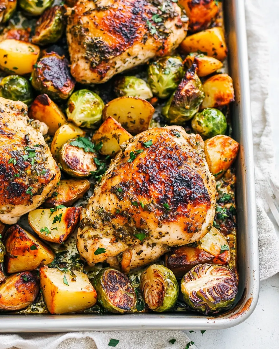Sheet Pan Roasted Garlic Butter Herb Chicken with Potatoes and Brussels Sprouts