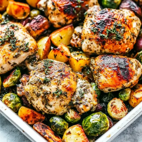 Sheet Pan Roasted Garlic Butter Herb Chicken with Potatoes and Brussels Sprouts