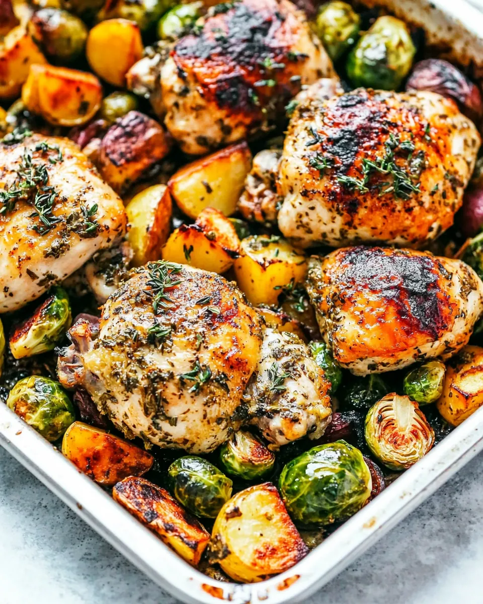 Sheet Pan Roasted Garlic Butter Herb Chicken with Potatoes and Brussels Sprouts