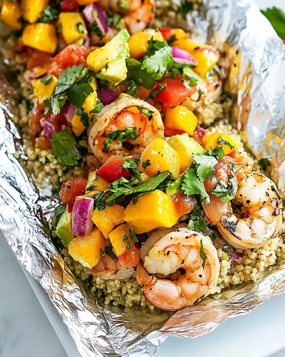 Shrimp Couscous Packets with Avocado Mango Salsa