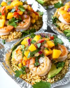 Shrimp Couscous Packets with Avocado Mango Salsa