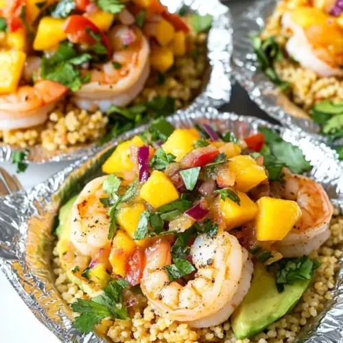 Shrimp Couscous Packets with Avocado Mango Salsa