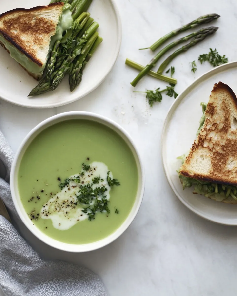 Simple Asparagus Soup and Extra Cheesy Grilled Cheese with Broccolini