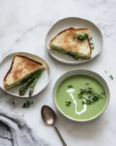 Simple Asparagus Soup and Extra Cheesy Grilled Cheese with Broccolini