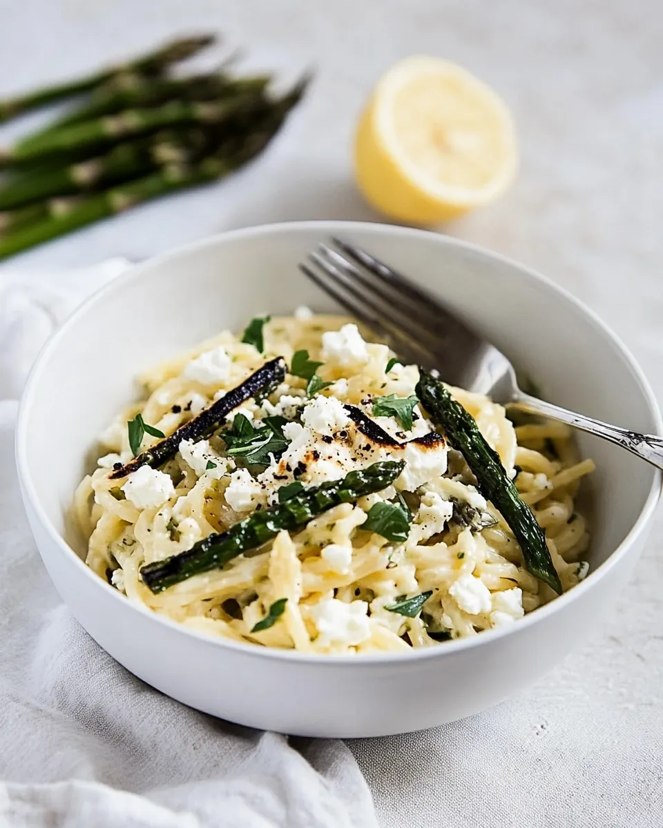 Simple Lemony Feta and Mascarpone Pasta with Grilled Asparagus