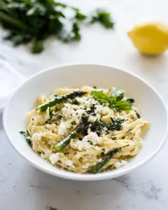 Simple Lemony Feta and Mascarpone Pasta with Grilled Asparagus