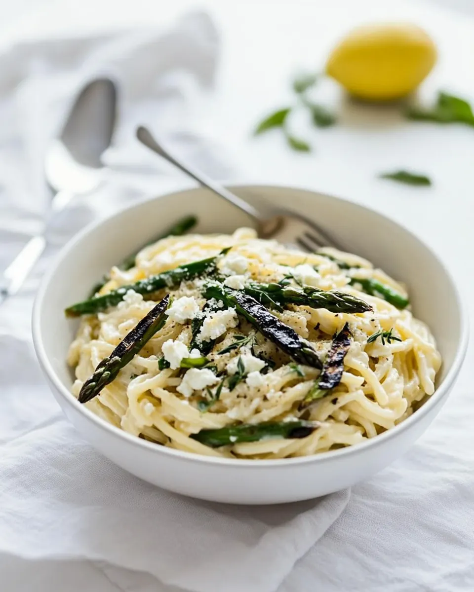 Simple Lemony Feta and Mascarpone Pasta with Grilled Asparagus