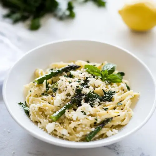 Simple Lemony Feta and Mascarpone Pasta with Grilled Asparagus