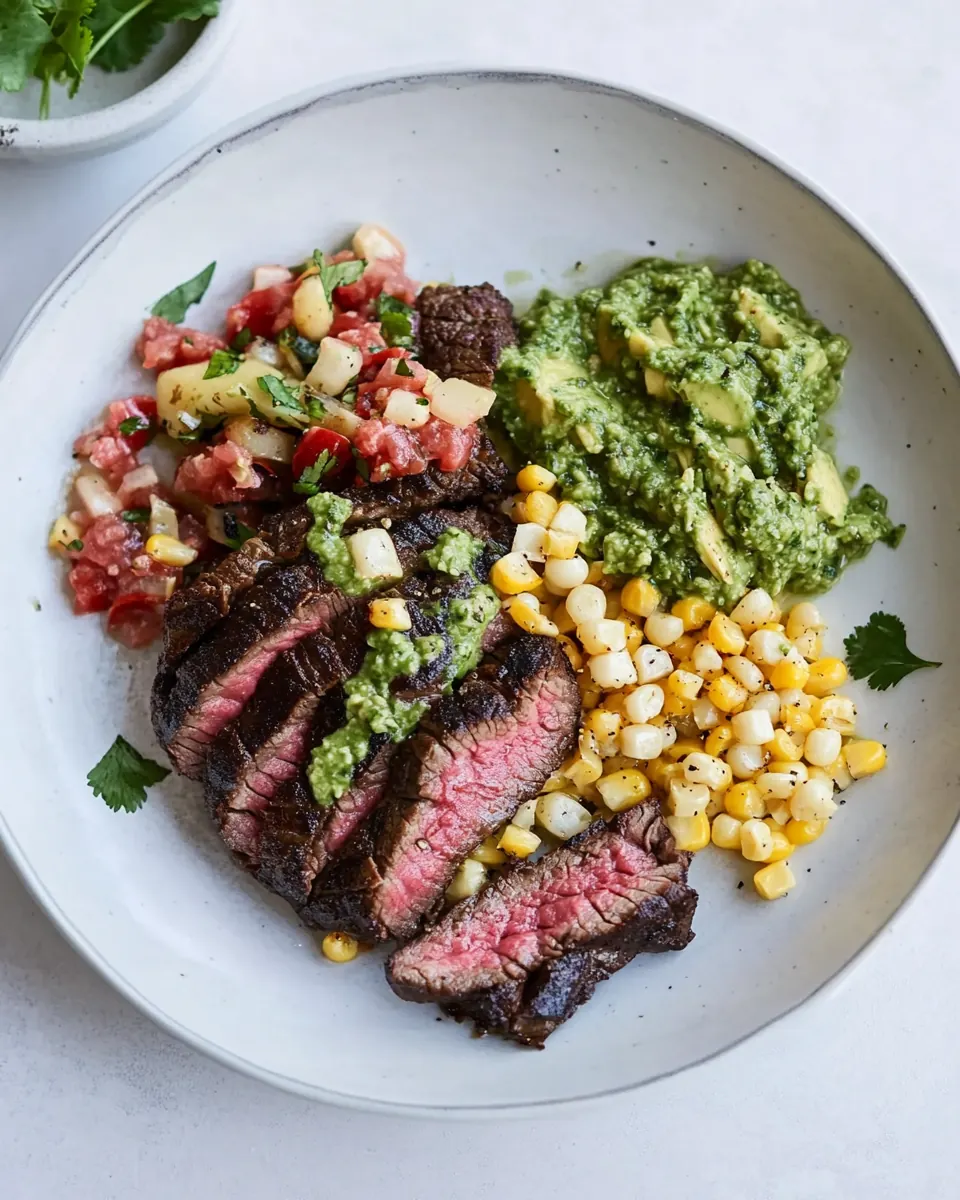 Skirt Steak with Avocado Pesto and Grilled Corn Relish