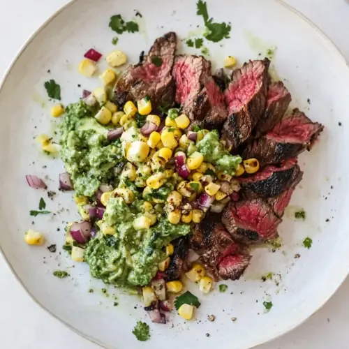 Skirt Steak with Avocado Pesto and Grilled Corn Relish