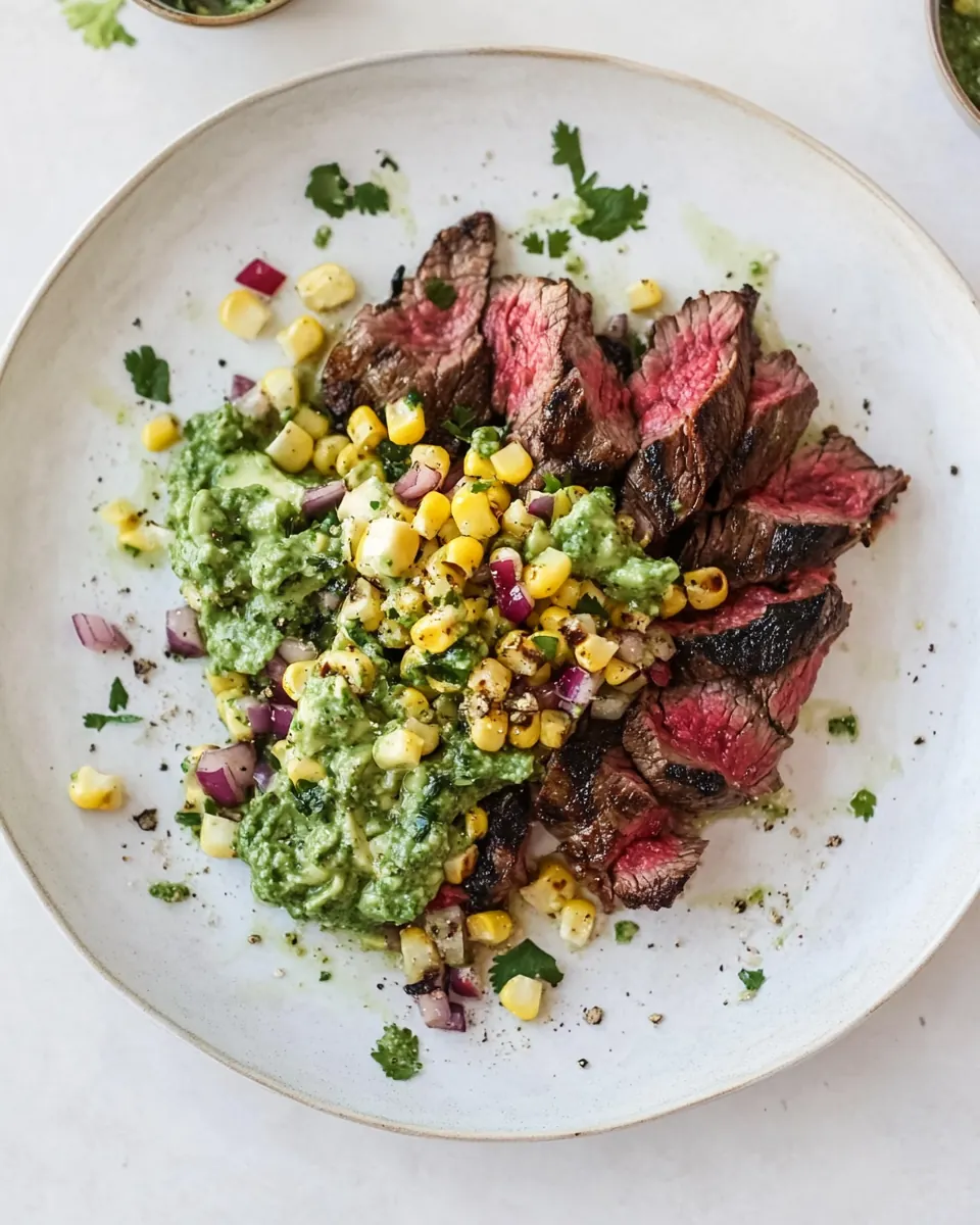 Skirt Steak with Avocado Pesto and Grilled Corn Relish