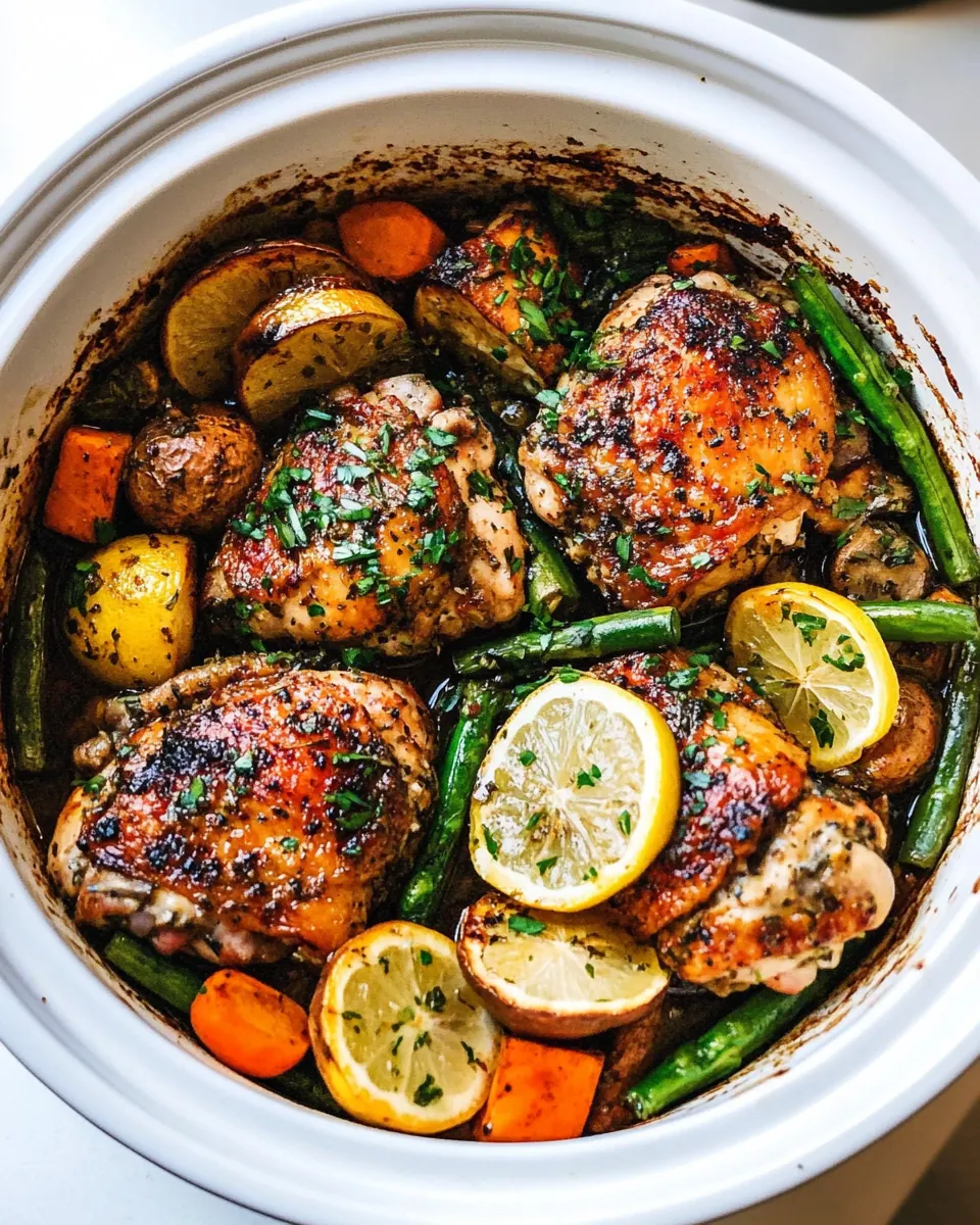Slow Cooker Lemon Garlic Chicken Thighs and Veggies