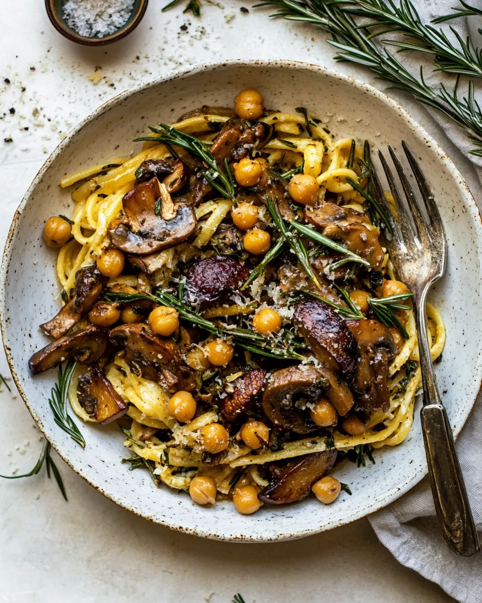 Slow Roasted Mushroom Pasta with Crisp Rosemary Chickpeas