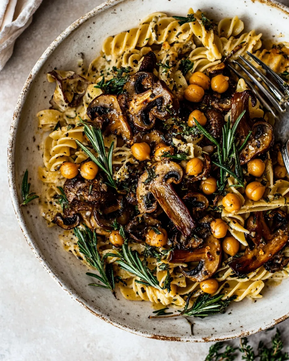 Slow Roasted Mushroom Pasta with Crisp Rosemary Chickpeas